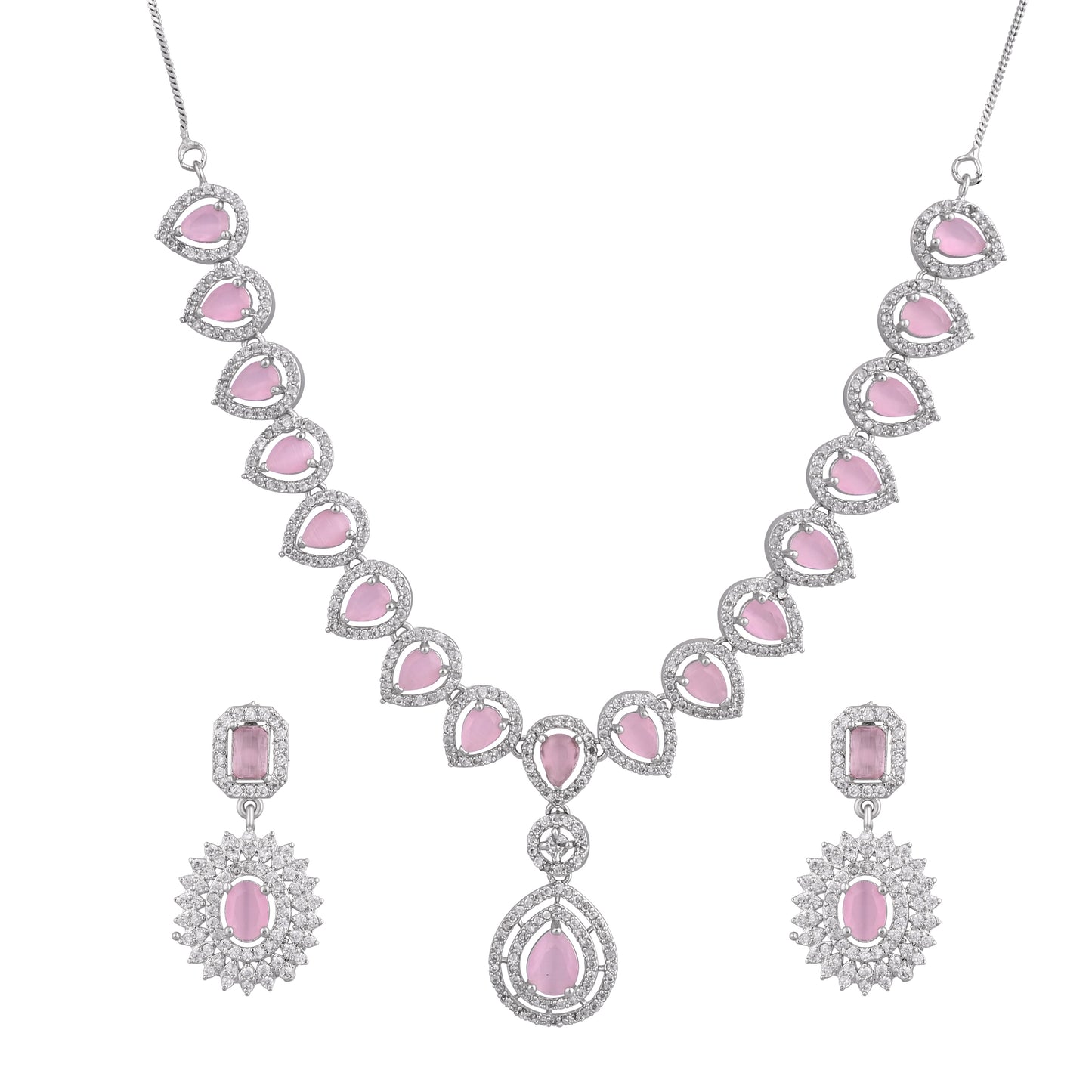 CKLAKART's NOOR Elegant Silver Necklace Set – Pink Drop Stones and American Diamonds