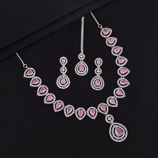 CKLAKART's NOOR Elegant Silver Necklace Set with maang tika – Pink Drop Stones and American Diamonds