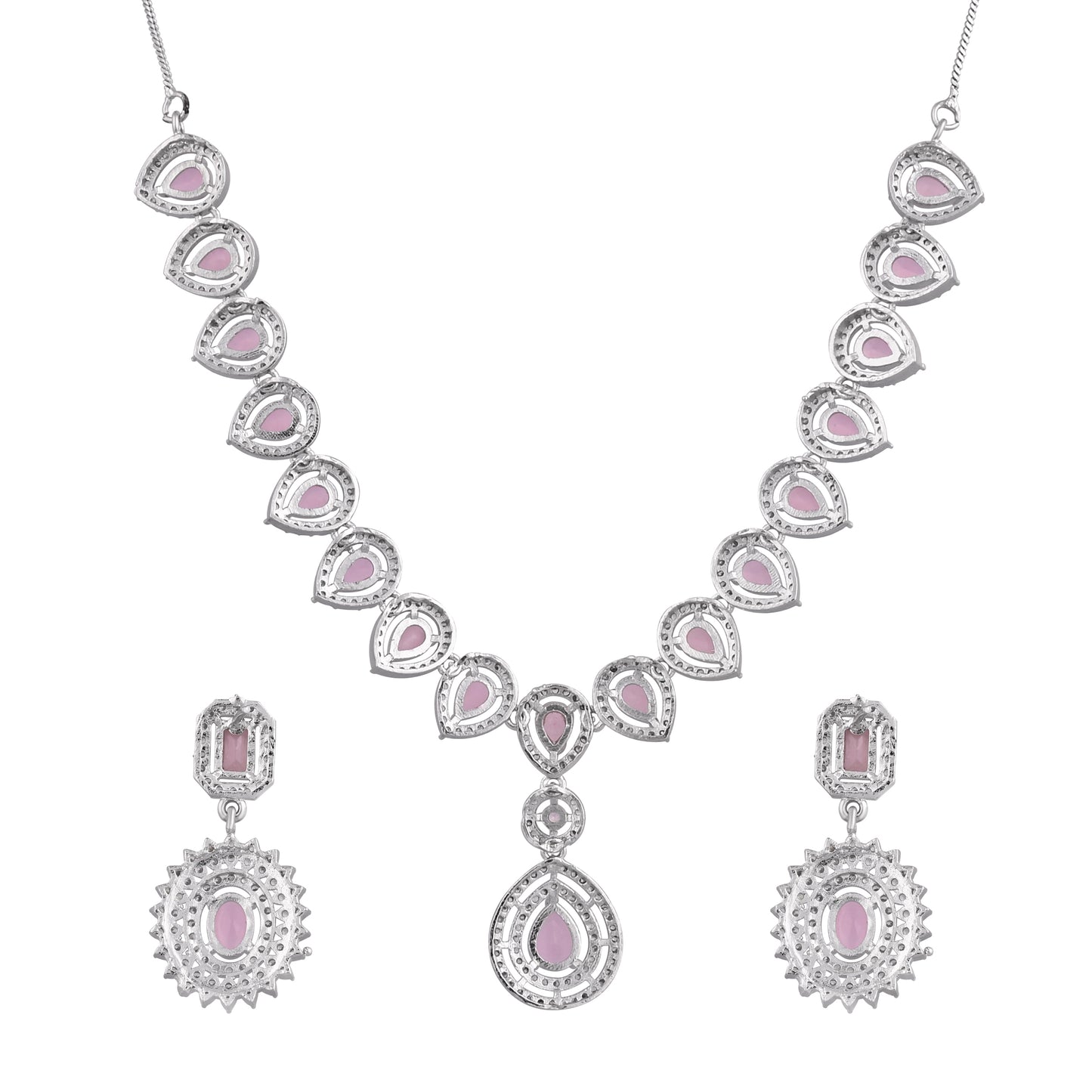 CKLAKART's NOOR Elegant Silver Necklace Set – Pink Drop Stones and American Diamonds