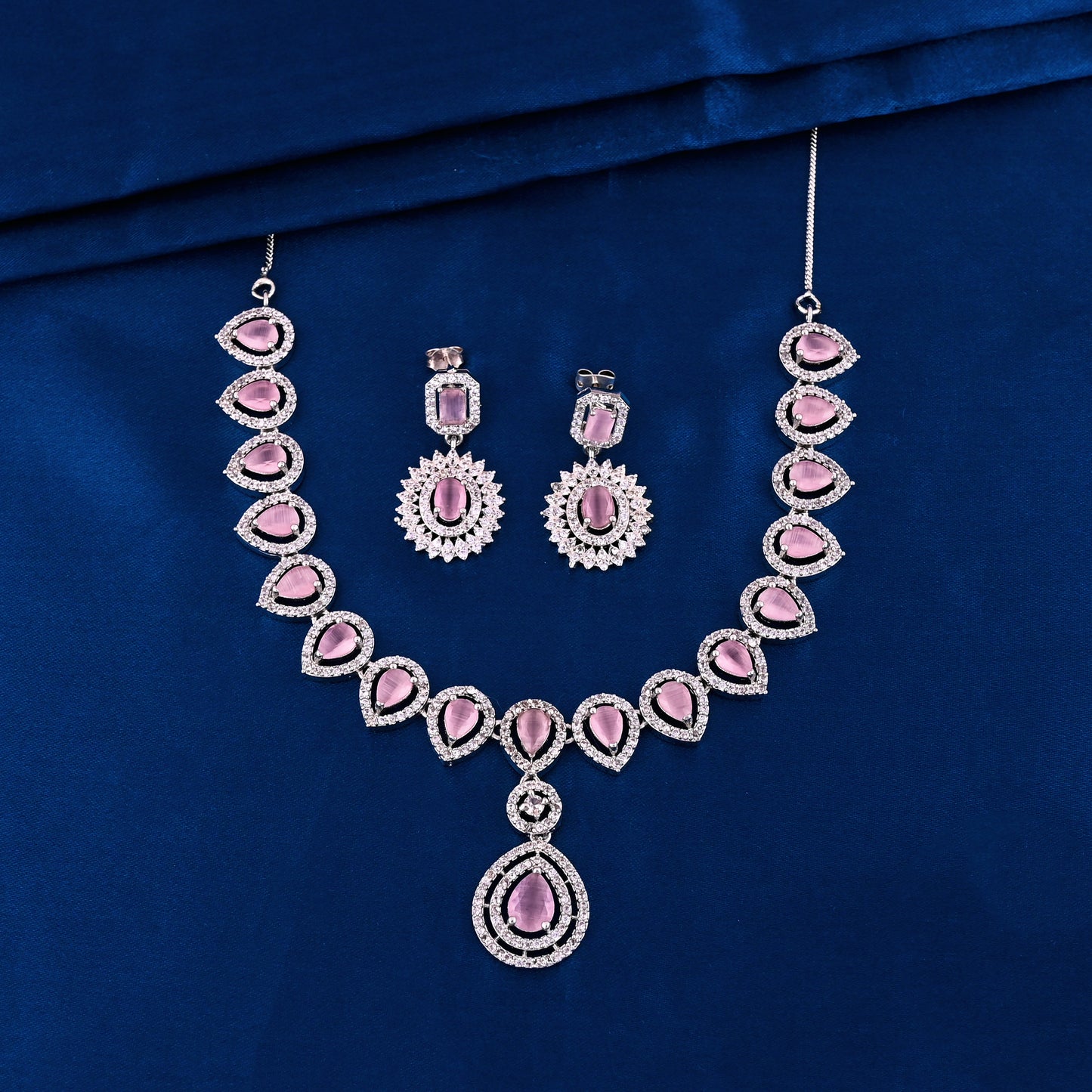 CKLAKART's NOOR Elegant Silver Necklace Set – Pink Drop Stones and American Diamonds