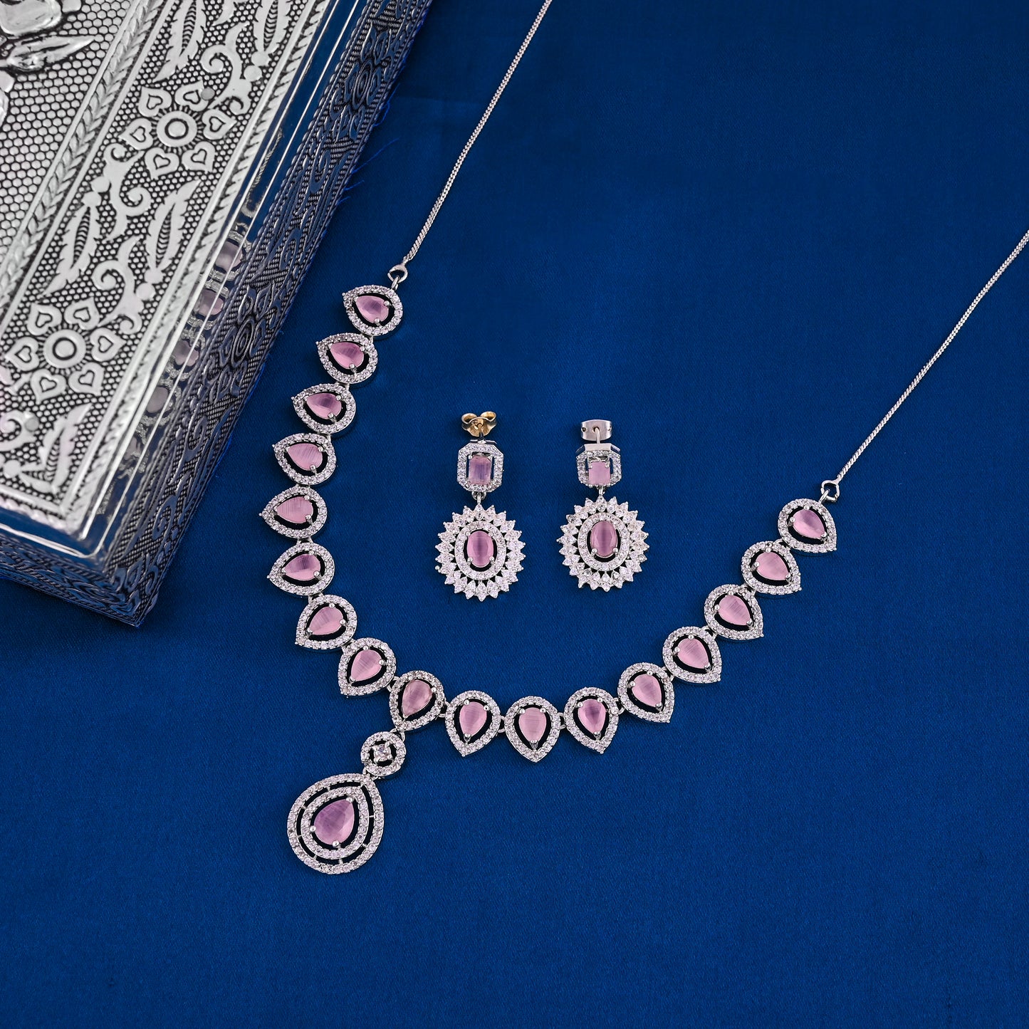 CKLAKART's NOOR Elegant Silver Necklace Set – Pink Drop Stones and American Diamonds