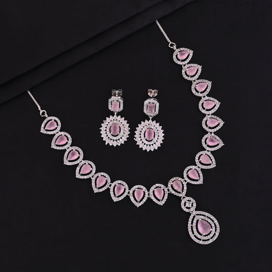 CKLAKART's NOOR Elegant Silver Necklace Set – Pink Drop Stones and American Diamonds