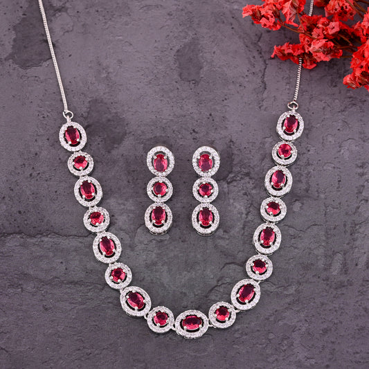 CKLAKART's NOOR Silver Necklace Set Featuring Ruby Color Stones and American Diamonds