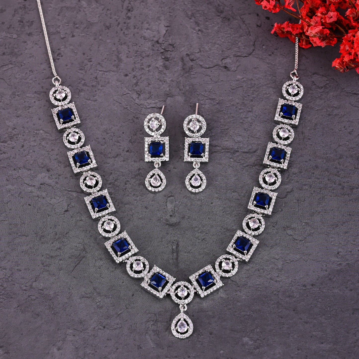 CKLAKART's NOOR Silver-Toned Necklace Set Adorned with Sapphire Blue Color Stones and American Diamonds