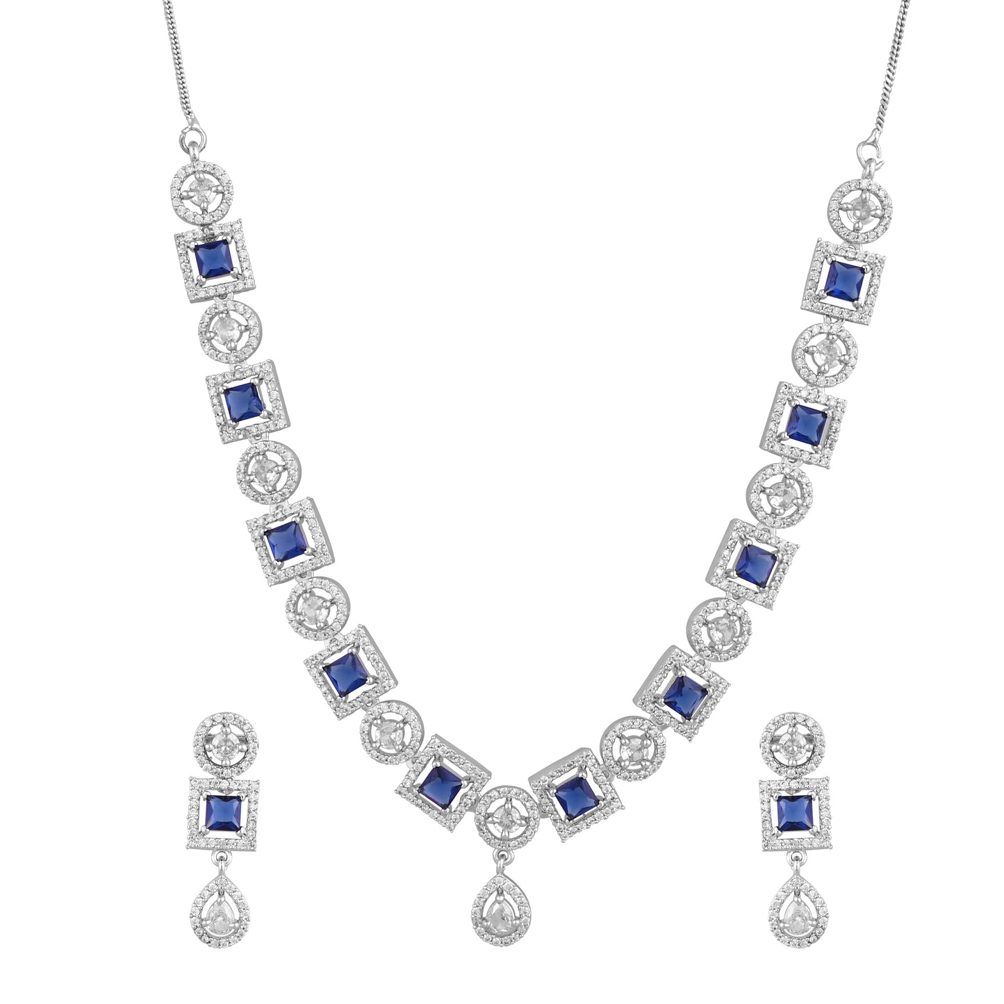 CKLAKART's NOOR Silver-Toned Necklace Set Adorned with Sapphire Blue Color Stones and American Diamonds