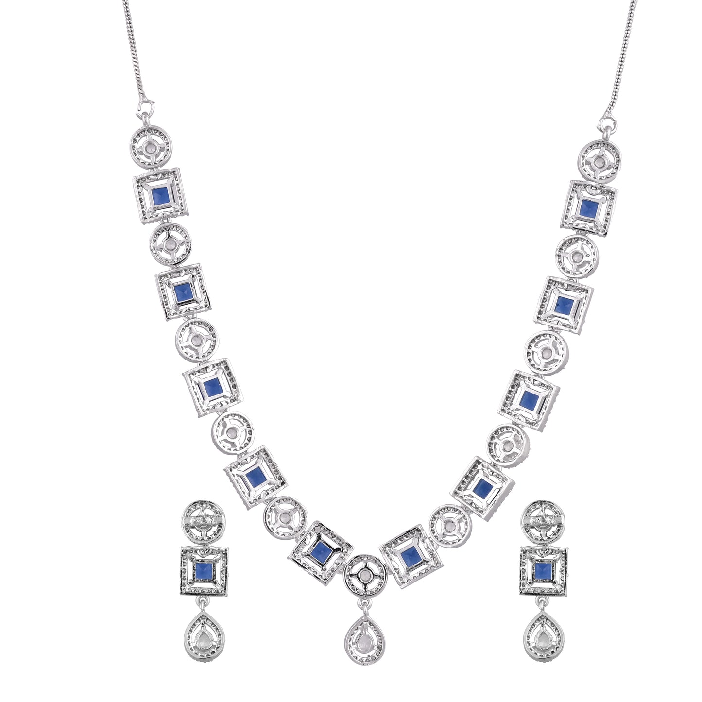 CKLAKART's NOOR Silver-Toned Necklace Set Adorned with Sapphire Blue Color Stones and American Diamonds