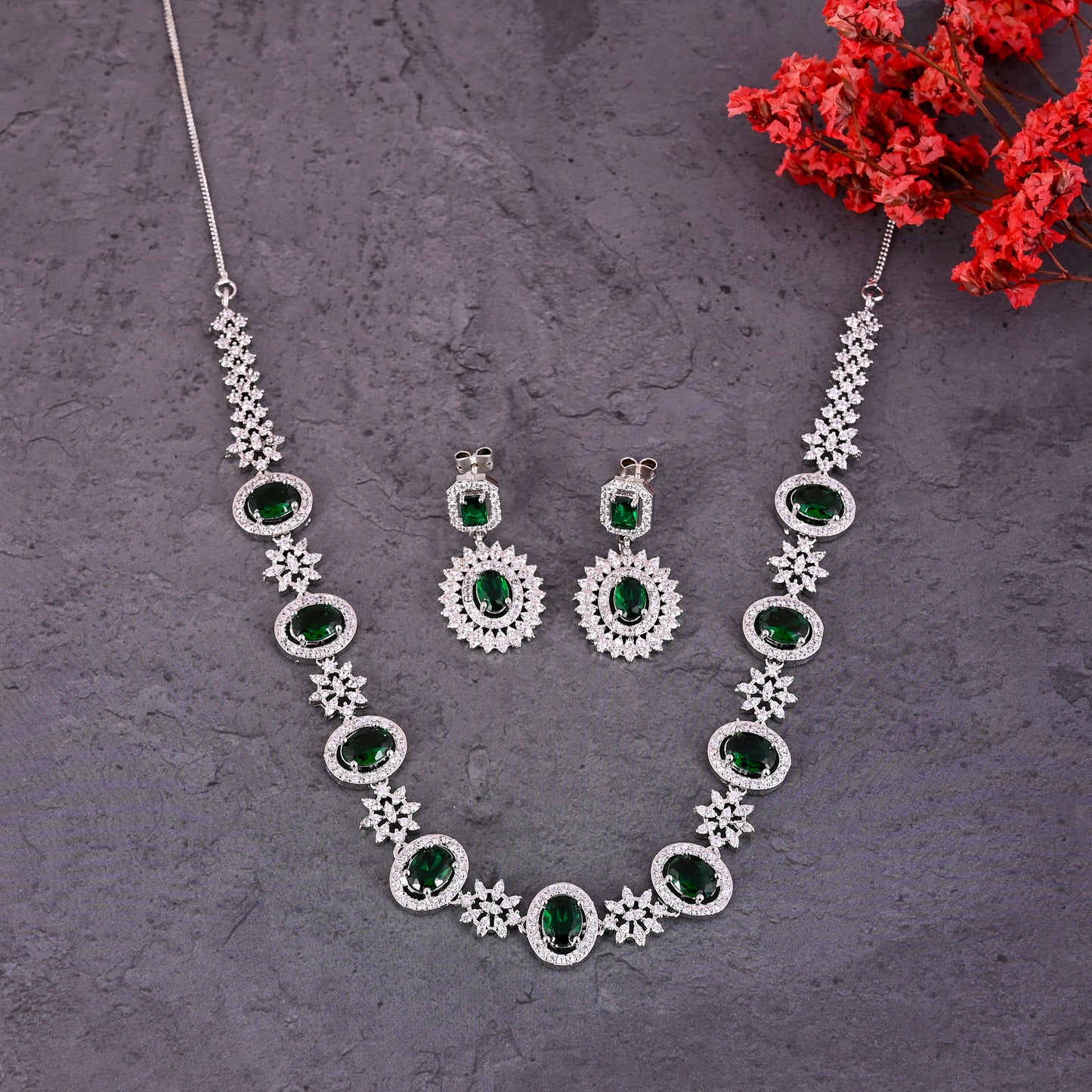 CKLAKART's NOOR Silver-Toned Necklace Set Adorned with Emerald Green Color Stones and American Diamonds