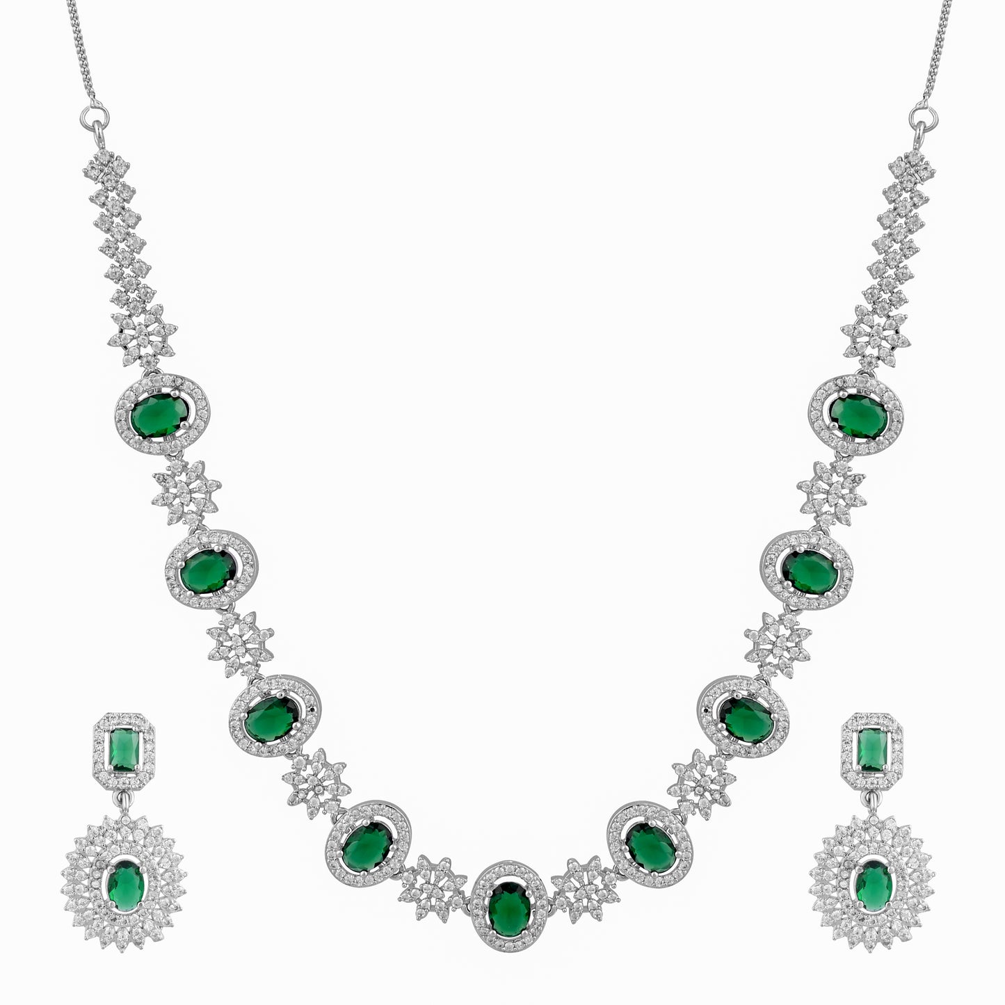 CKLAKART's NOOR Silver-Toned Necklace Set Adorned with Emerald Green Color Stones and American Diamonds