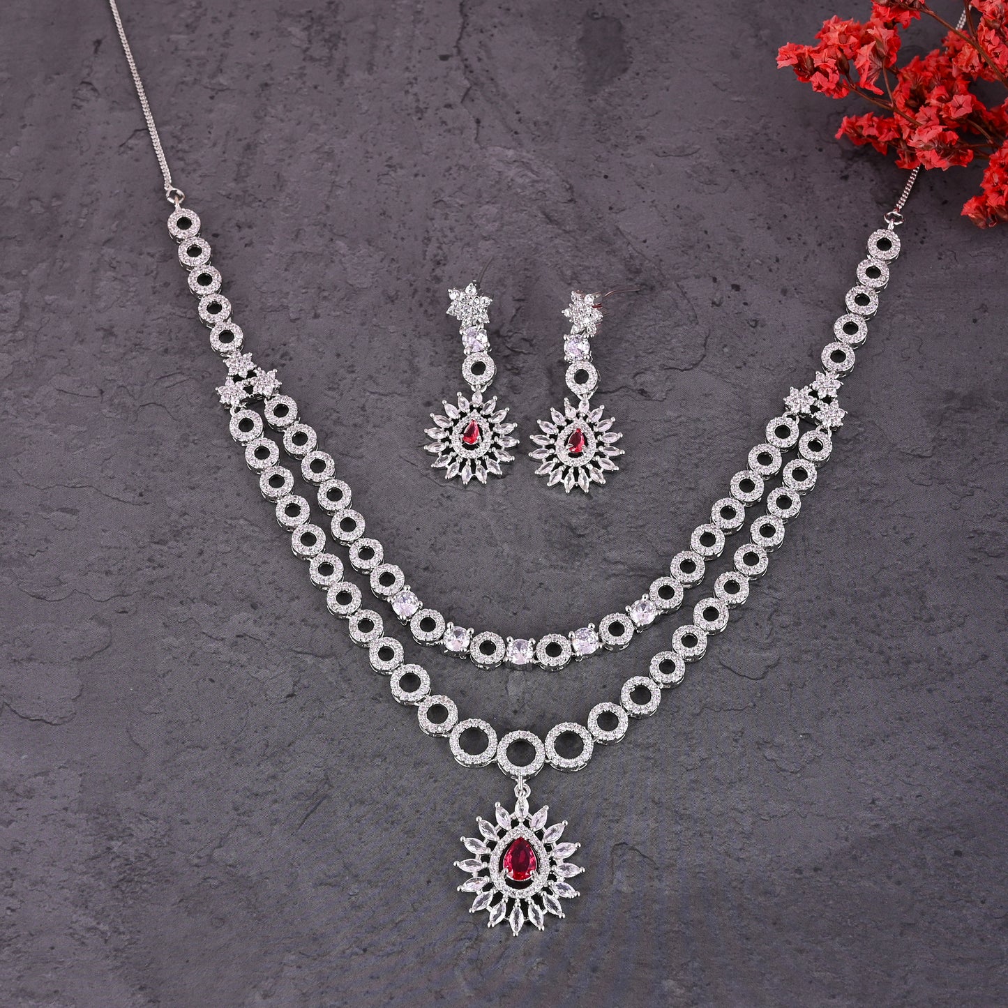 CKLAKART's NOOR Elegant Silver-Toned Double-Layered Drop Necklace Set with Ruby Color Stones and American Diamonds