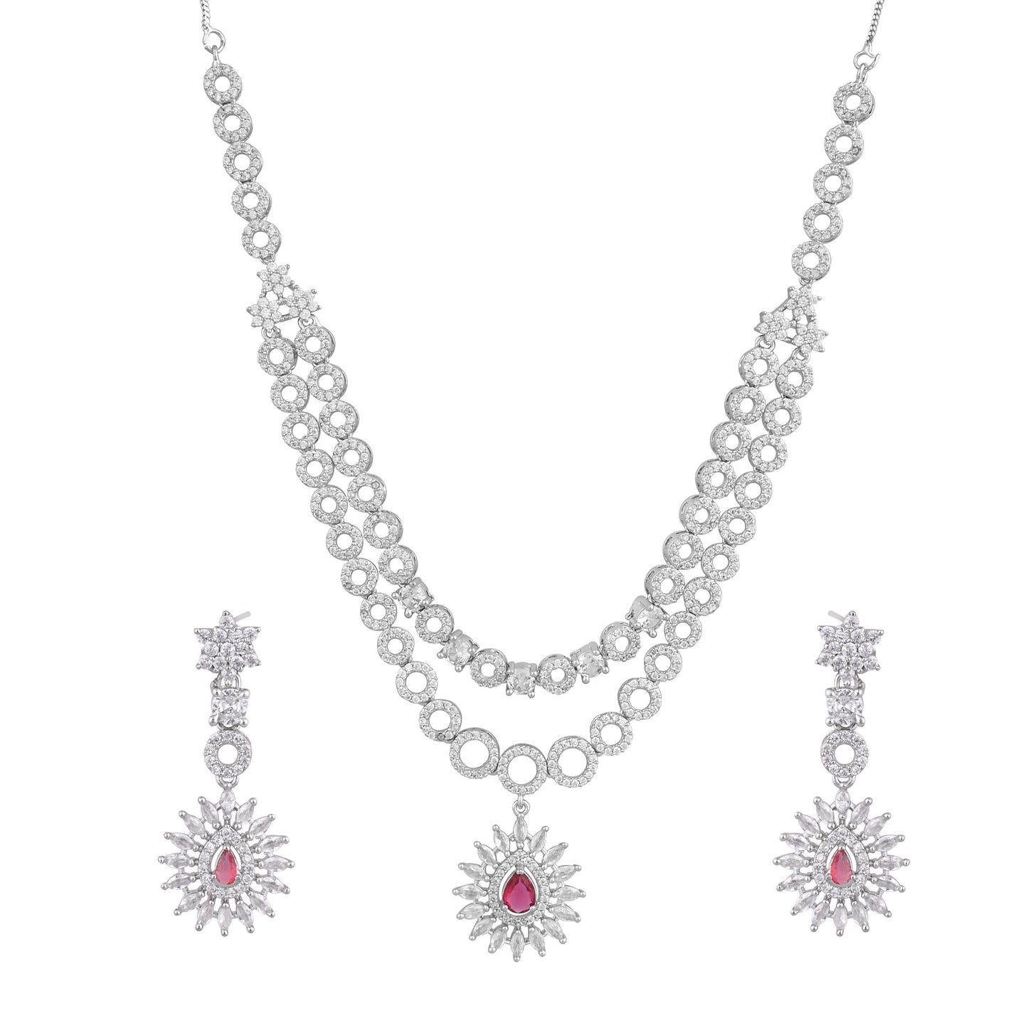 CKLAKART's NOOR Elegant Silver-Toned Double-Layered Drop Necklace Set with Ruby Color Stones and American Diamonds