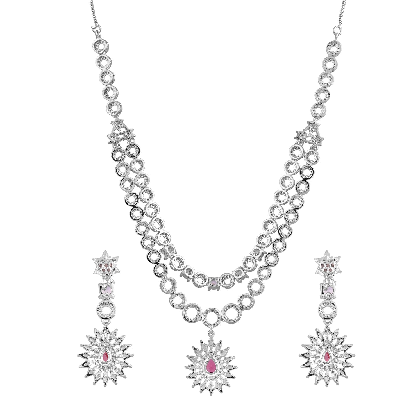 CKLAKART's NOOR Elegant Silver-Toned Double-Layered Drop Necklace Set with Ruby Color Stones and American Diamonds