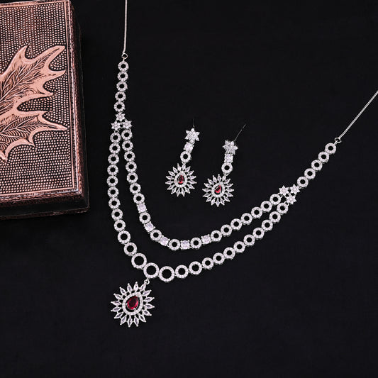 CKLAKART's NOOR Elegant Silver-Toned Double-Layered Drop Necklace Set with Ruby Color Stones and American Diamonds