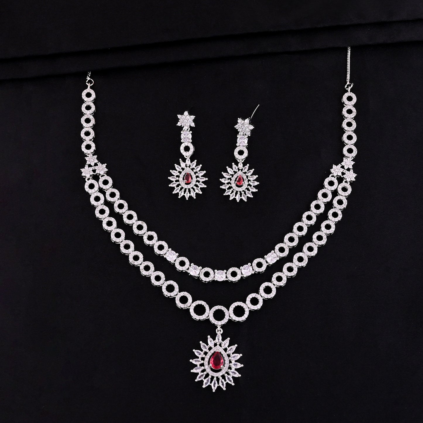 CKLAKART's NOOR Elegant Silver-Toned Double-Layered Drop Necklace Set with Ruby Color Stones and American Diamonds