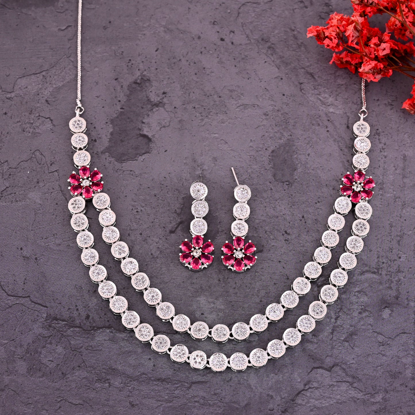 CKLAKART's NOOR Elegant Silver-Toned Double-Layered Necklace Set with Ruby Color Stones and AD