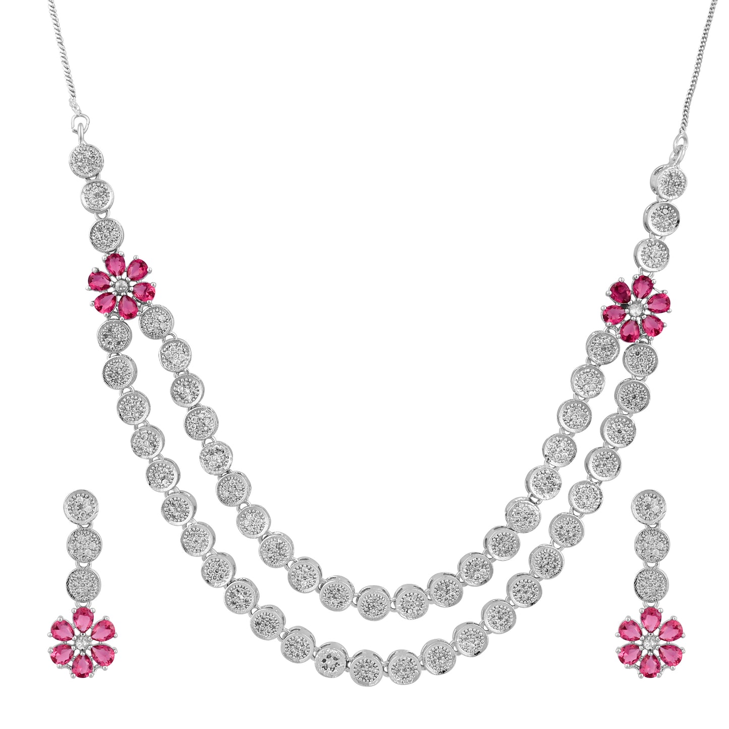 CKLAKART's NOOR Elegant Silver-Toned Double-Layered Necklace Set with Ruby Color Stones and AD