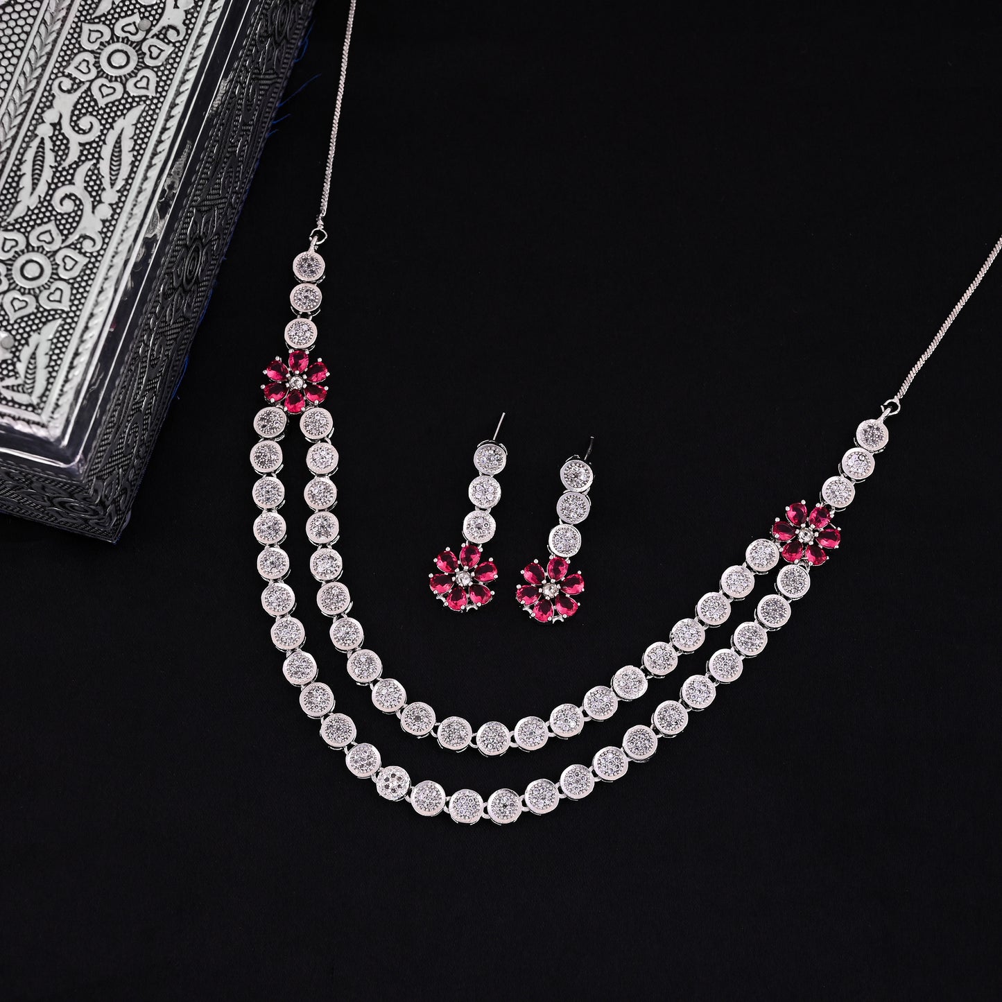 CKLAKART's NOOR Elegant Silver-Toned Double-Layered Necklace Set with Ruby Color Stones and AD