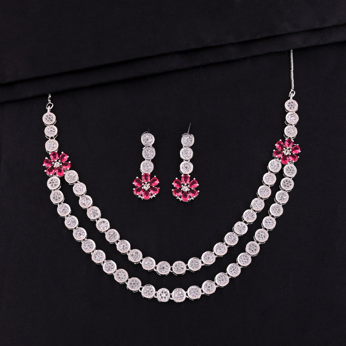 CKLAKART's NOOR Elegant Silver-Toned Double-Layered Necklace Set with Ruby Color Stones and AD