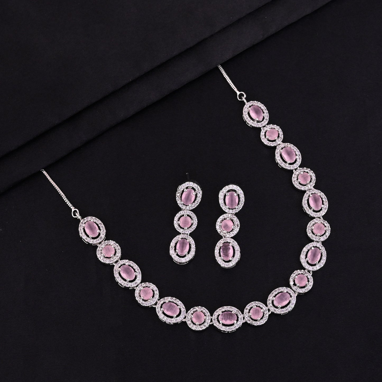 CKLAKART's NOOR Silver Necklace Set Featuring Pink Color Stones and American Diamonds