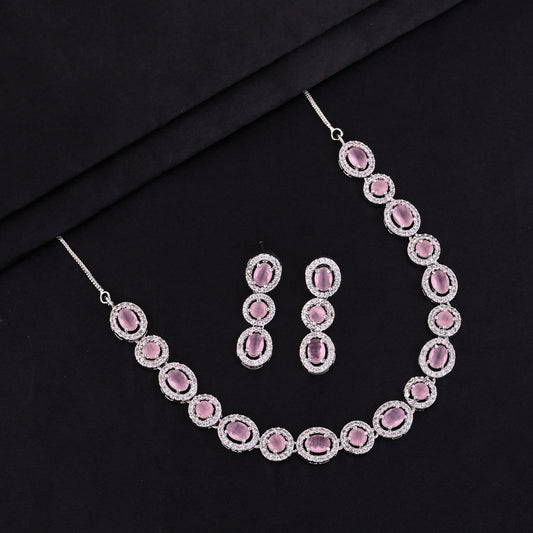 CKLAKART's NOOR Silver Necklace Set Featuring Pink Color Stones and American Diamonds