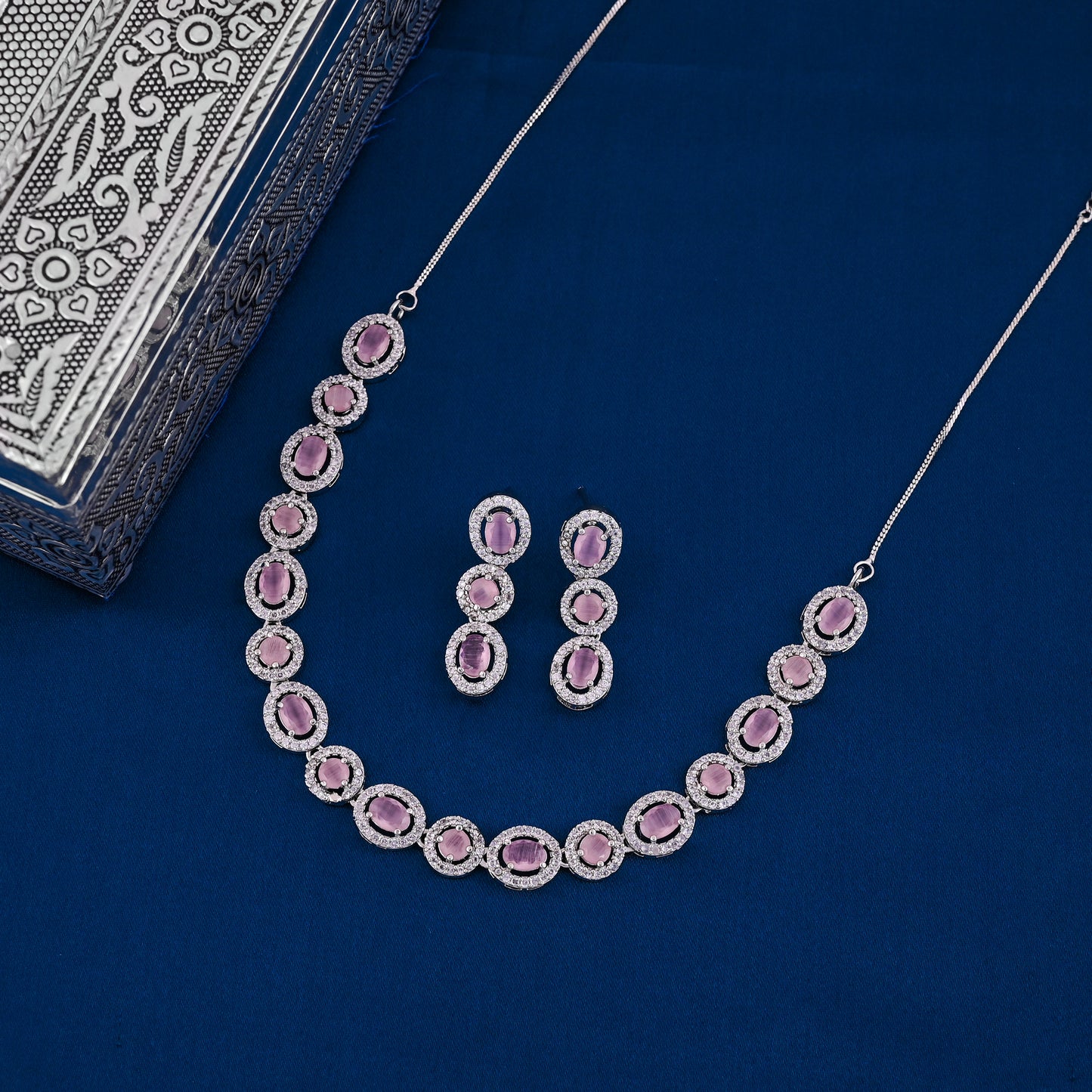 CKLAKART's NOOR Silver Necklace Set Featuring Pink Color Stones and American Diamonds