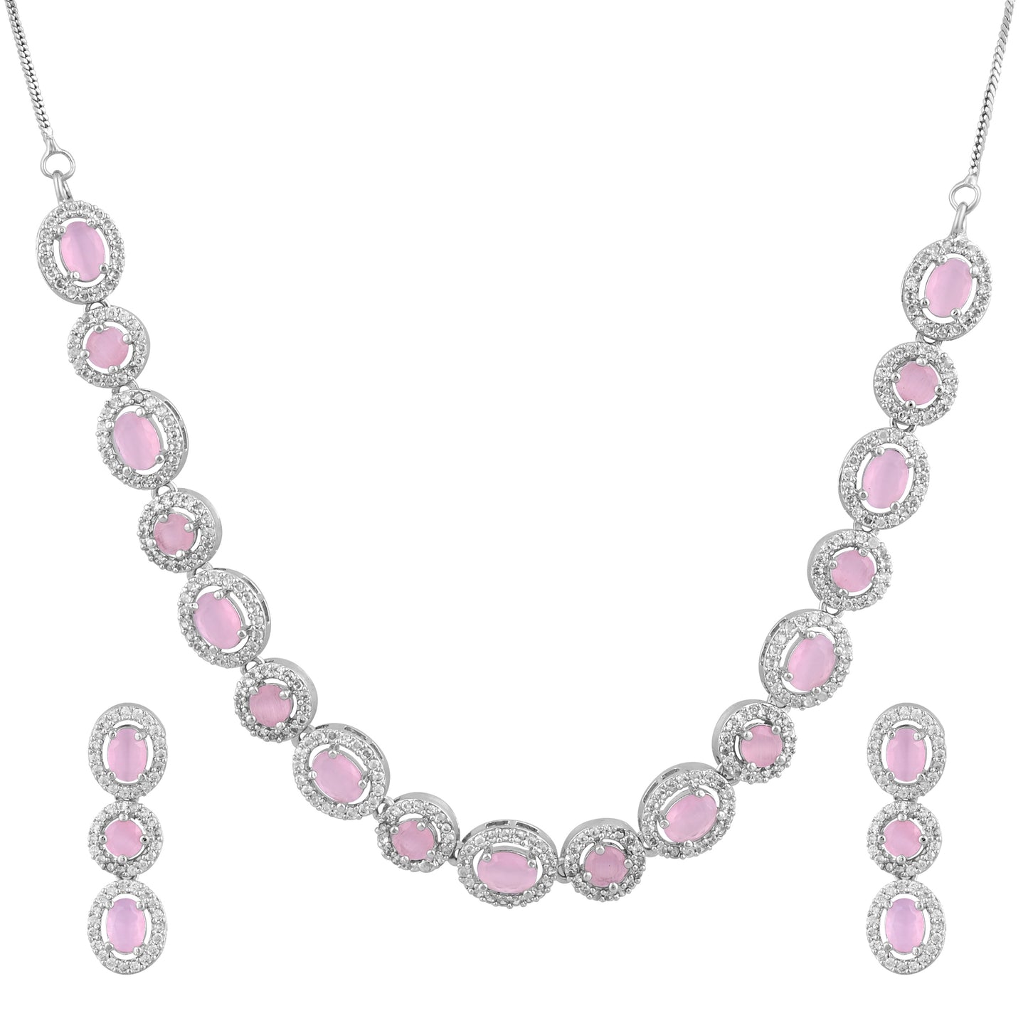 CKLAKART's NOOR Silver Necklace Set Featuring Pink Color Stones and American Diamonds