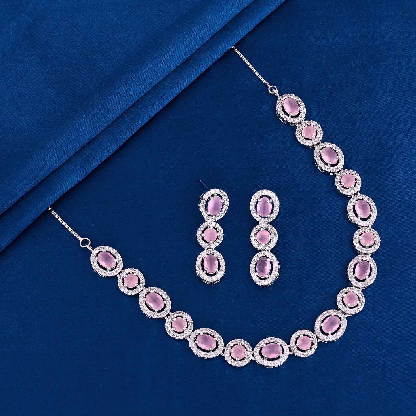 CKLAKART's NOOR Silver Necklace Set Featuring Pink Color Stones and American Diamonds