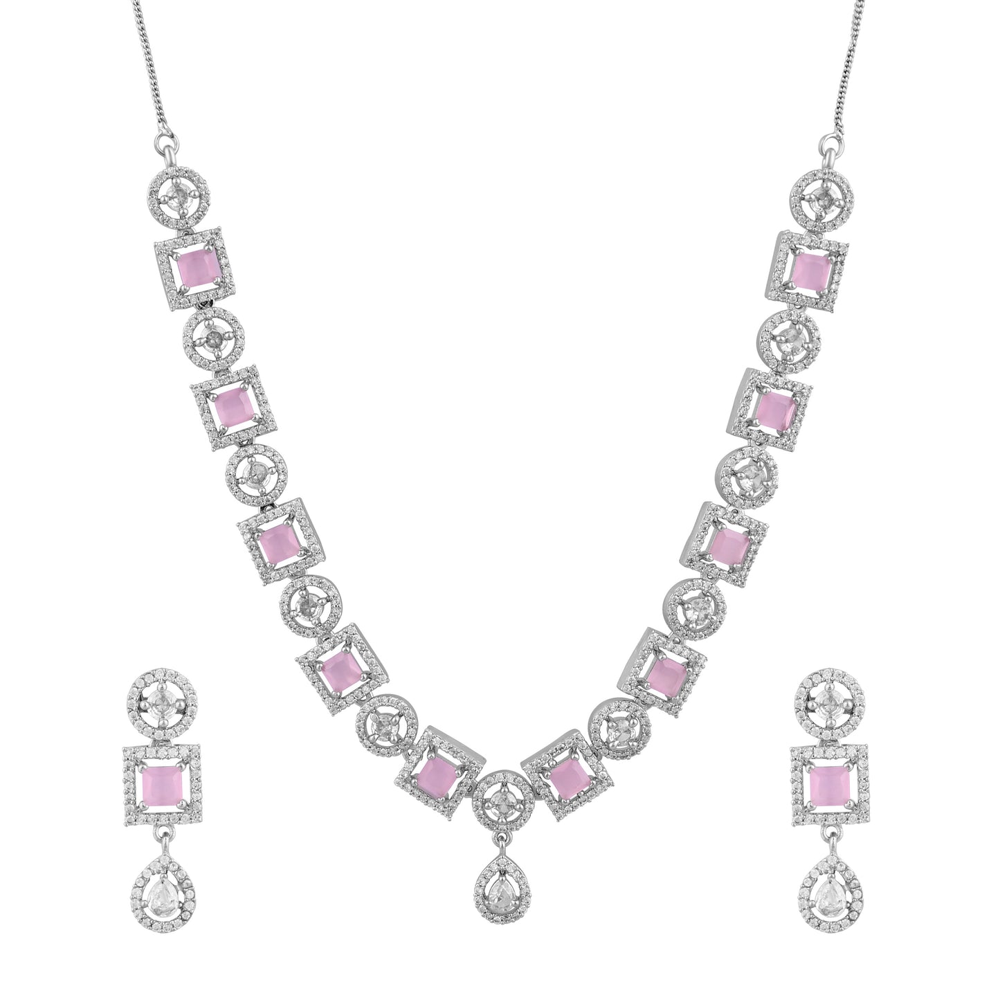 CKLAKART's NOOR Silver-Toned Drop Choker Set Adorned with Pink Color Stones and American Diamonds