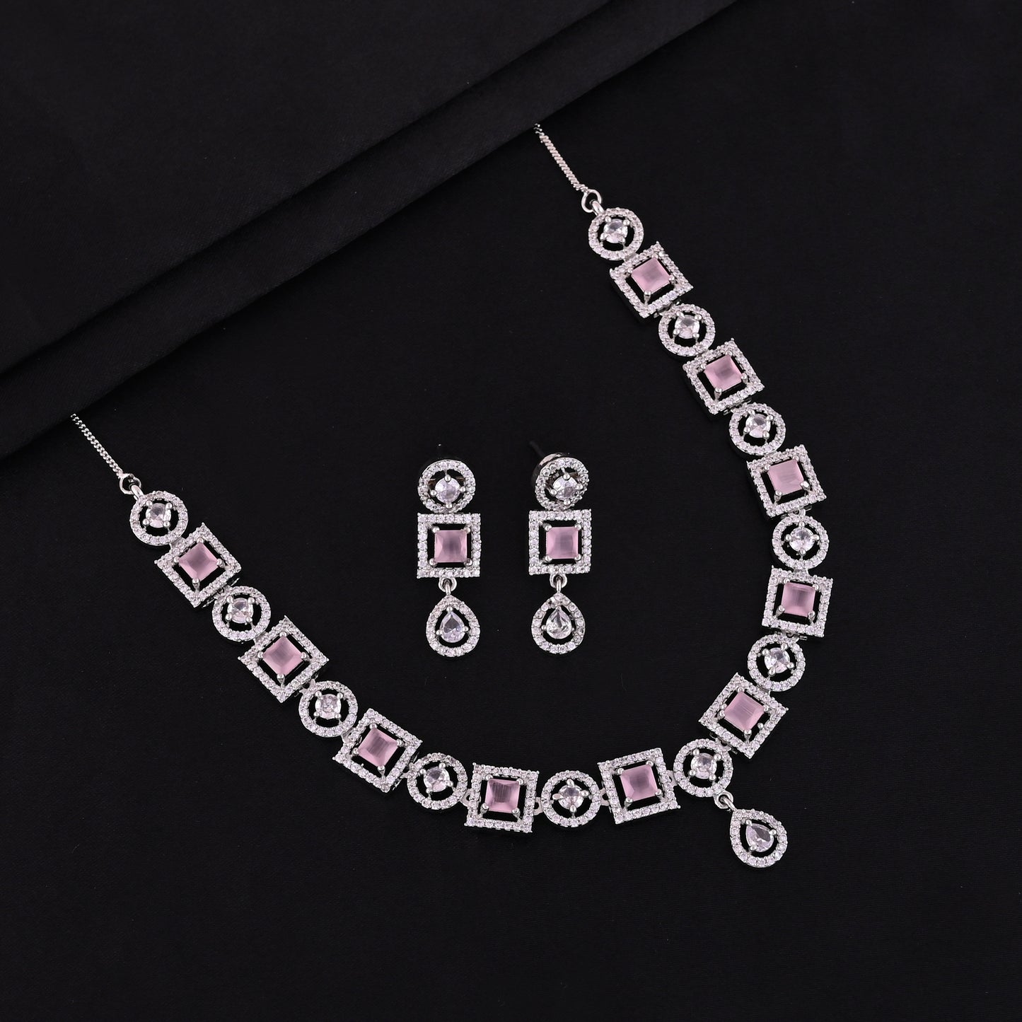 CKLAKART's NOOR Silver-Toned Drop Choker Set Adorned with Pink Color Stones and American Diamonds