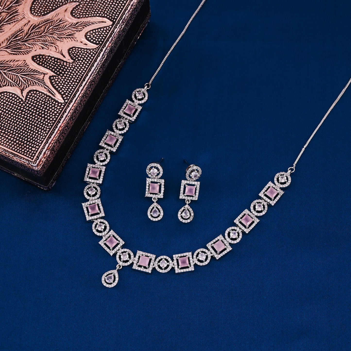 CKLAKART's NOOR Silver-Toned Drop Choker Set Adorned with Pink Color Stones and American Diamonds