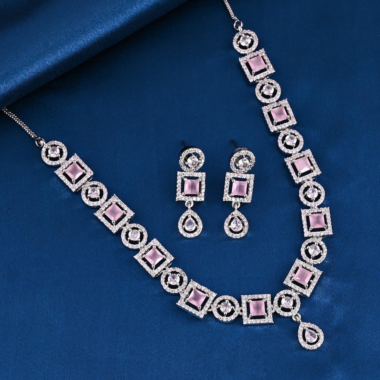 CKLAKART's NOOR Silver-Toned Drop Choker Set Adorned with Pink Color Stones and American Diamonds