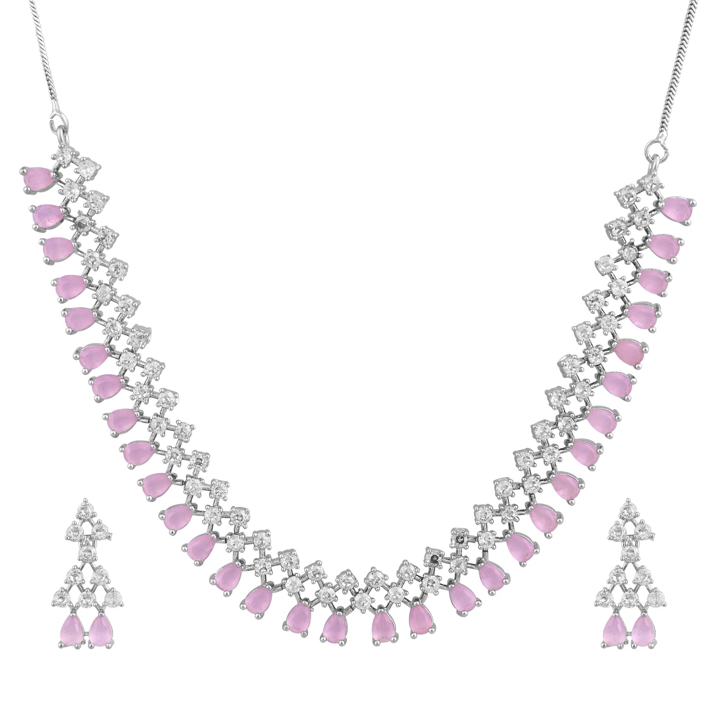 CKLAKART's NOOR Silver-Toned Choker Set Adorned with Pink Color Stones and American Diamonds