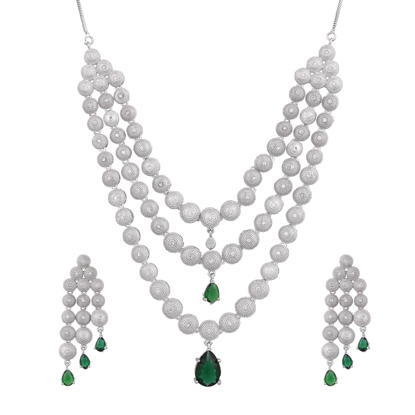 CKLAKART's NOOR Silver-Toned Triple-Layered Necklace Set Adorned with Emerald Green Stones and American Diamonds