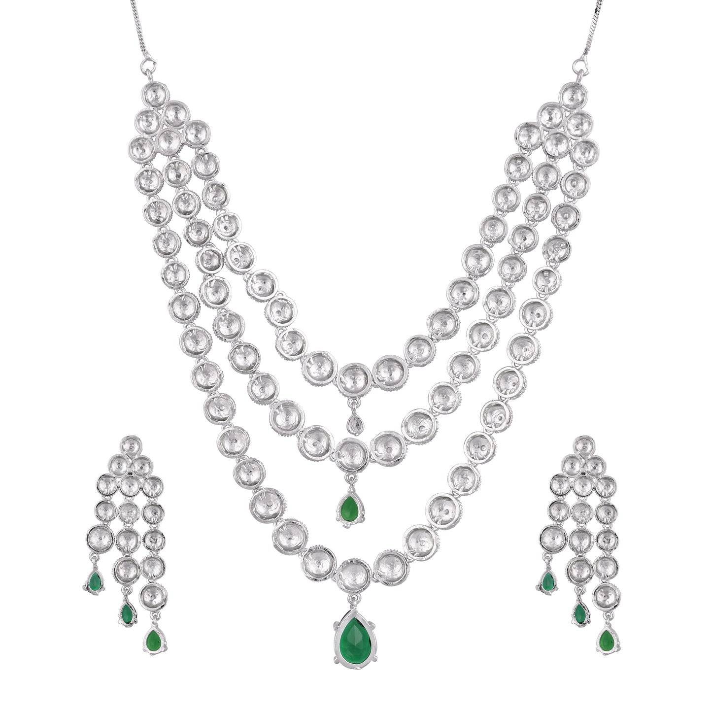 CKLAKART's NOOR Silver-Toned Triple-Layered Necklace Set Adorned with Emerald Green Stones and American Diamonds