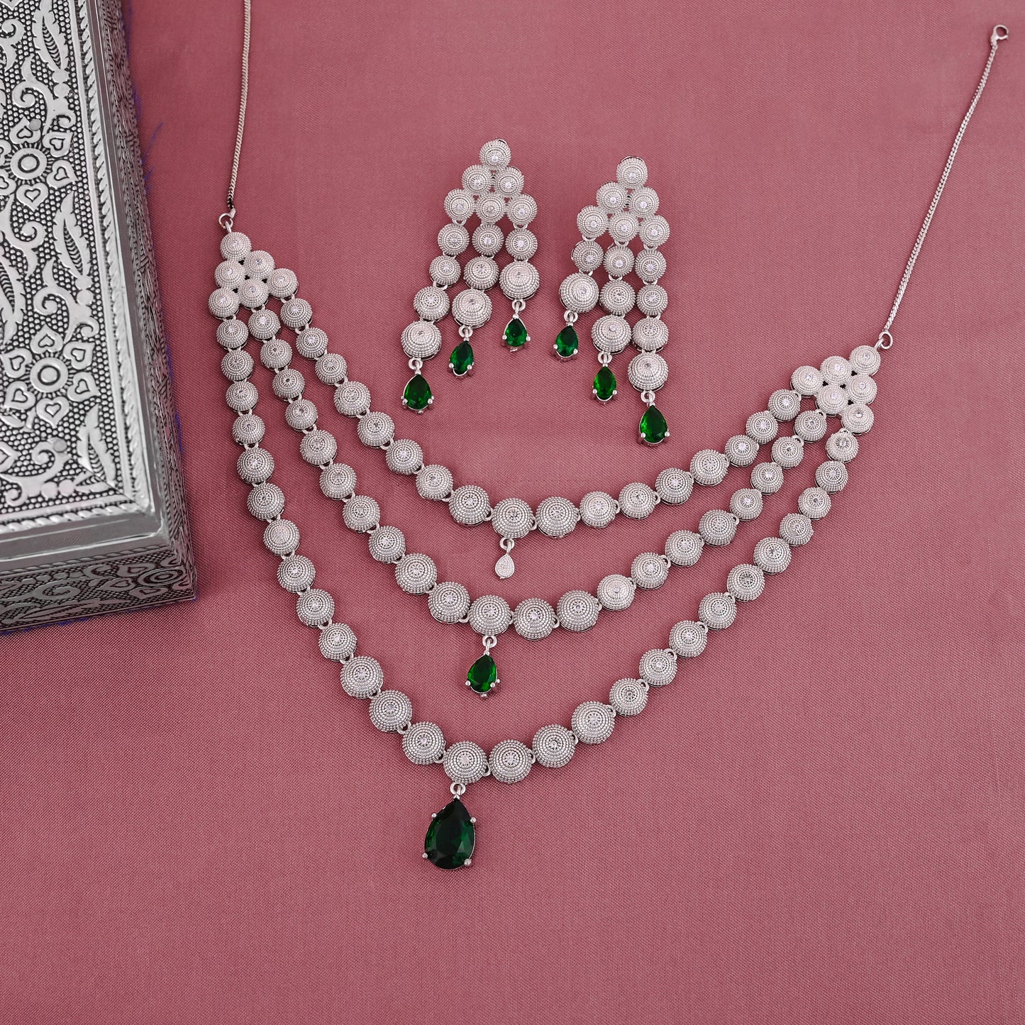 CKLAKART's NOOR Silver-Toned Triple-Layered Necklace Set Adorned with Emerald Green Stones and American Diamonds