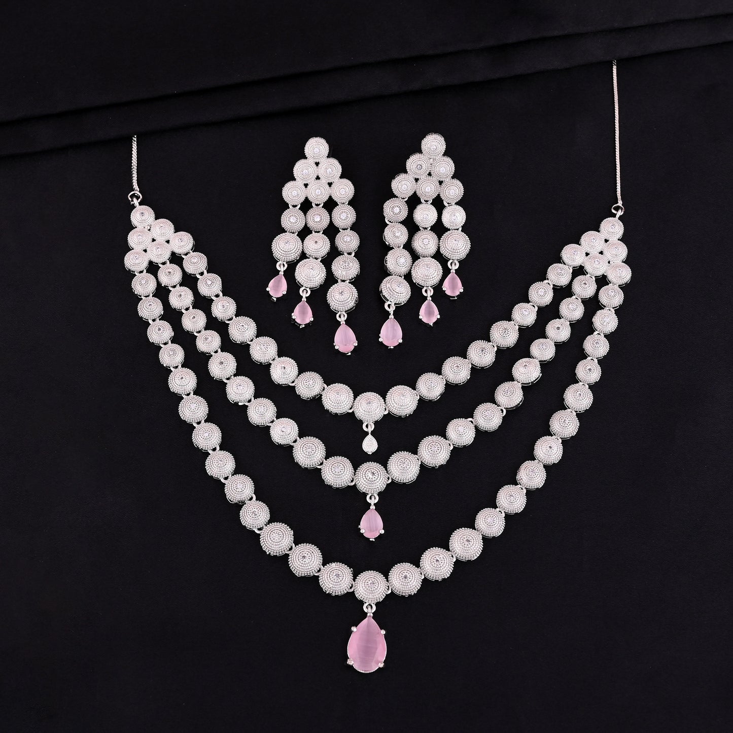 CKLAKART's NOOR Silver-Toned Triple-Layered Necklace Set Adorned with Pink Stones and American Diamonds