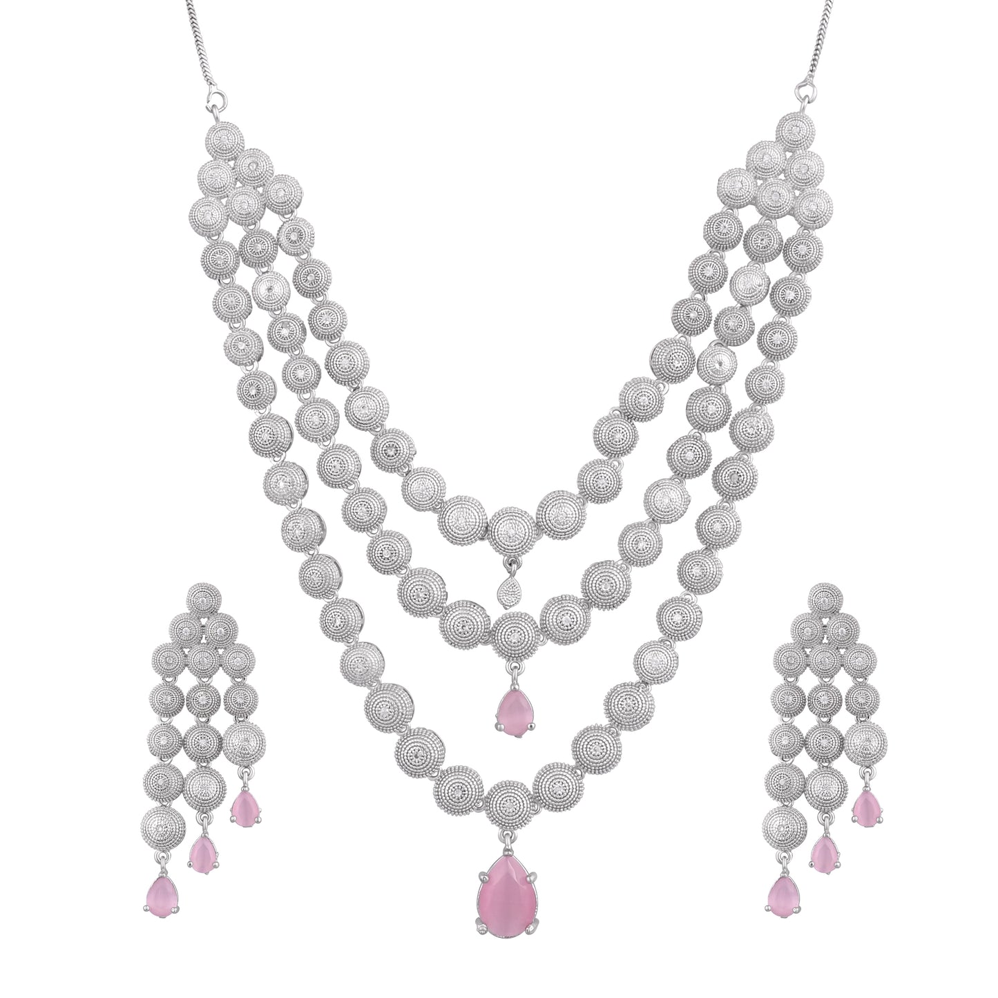 CKLAKART's NOOR Silver-Toned Triple-Layered Necklace Set Adorned with Pink Stones and American Diamonds