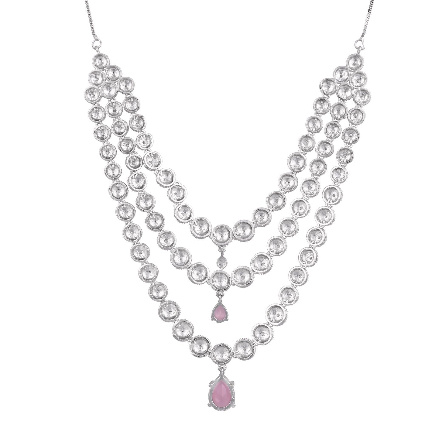 CKLAKART's NOOR Silver-Toned Triple-Layered Necklace Set Adorned with Pink Stones and American Diamonds