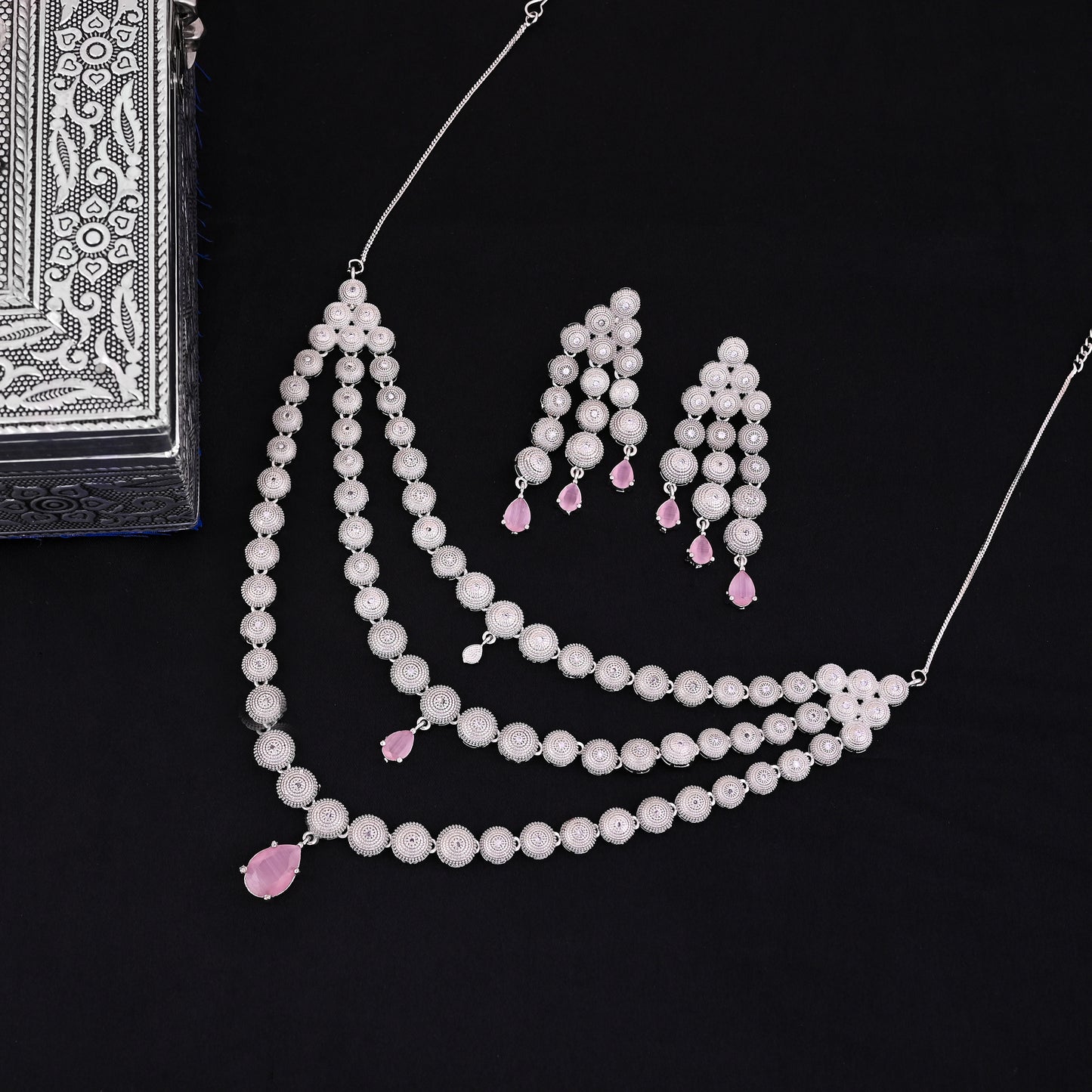 CKLAKART's NOOR Silver-Toned Triple-Layered Necklace Set Adorned with Pink Stones and American Diamonds