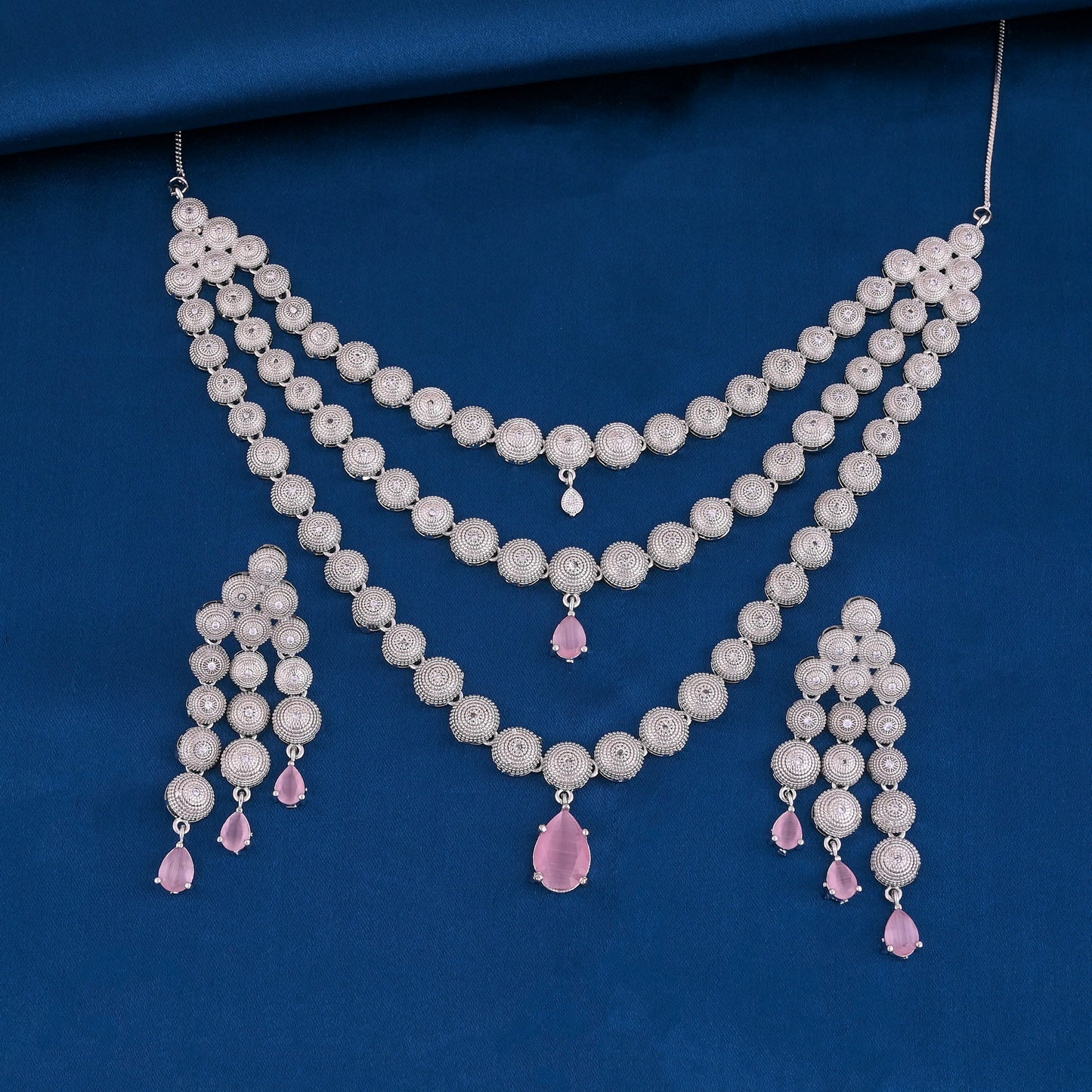 CKLAKART's NOOR Silver-Toned Triple-Layered Necklace Set Adorned with Pink Stones and American Diamonds