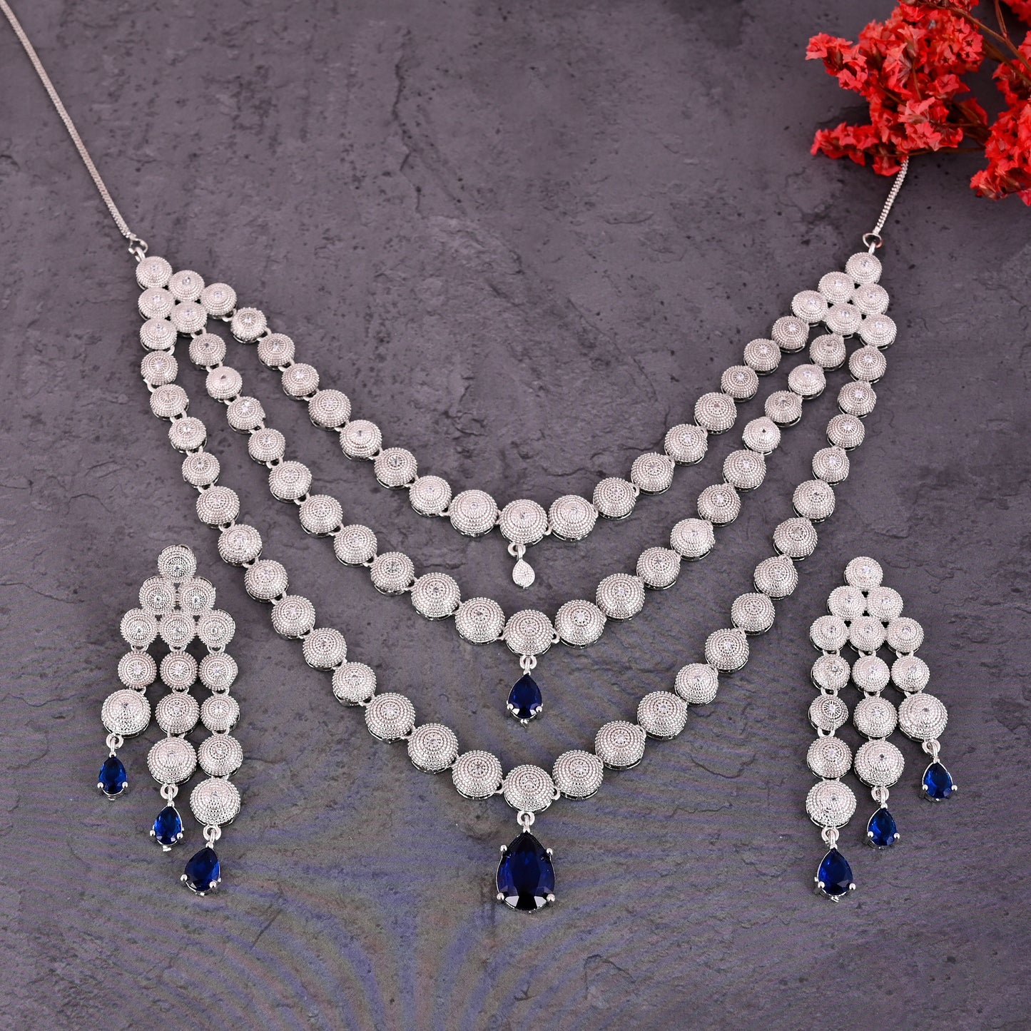 CKLAKART's NOOR Silver-Toned Triple-Layered Necklace Set Adorned with Sapphire Blue Stones and American Diamonds