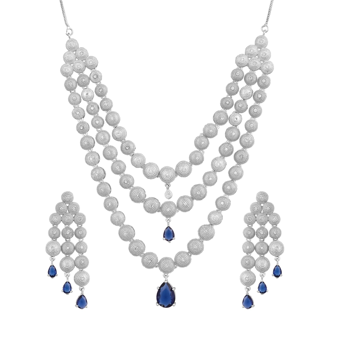 CKLAKART's NOOR Silver-Toned Triple-Layered Necklace Set Adorned with Sapphire Blue Stones and American Diamonds