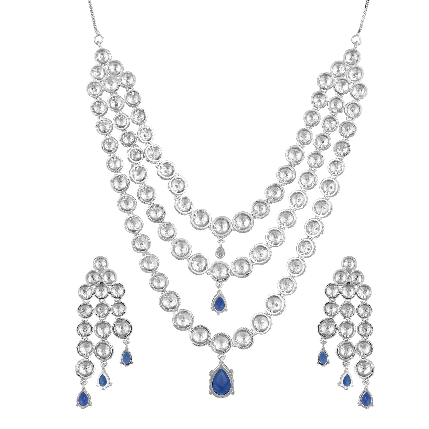 CKLAKART's NOOR Silver-Toned Triple-Layered Necklace Set Adorned with Sapphire Blue Stones and American Diamonds