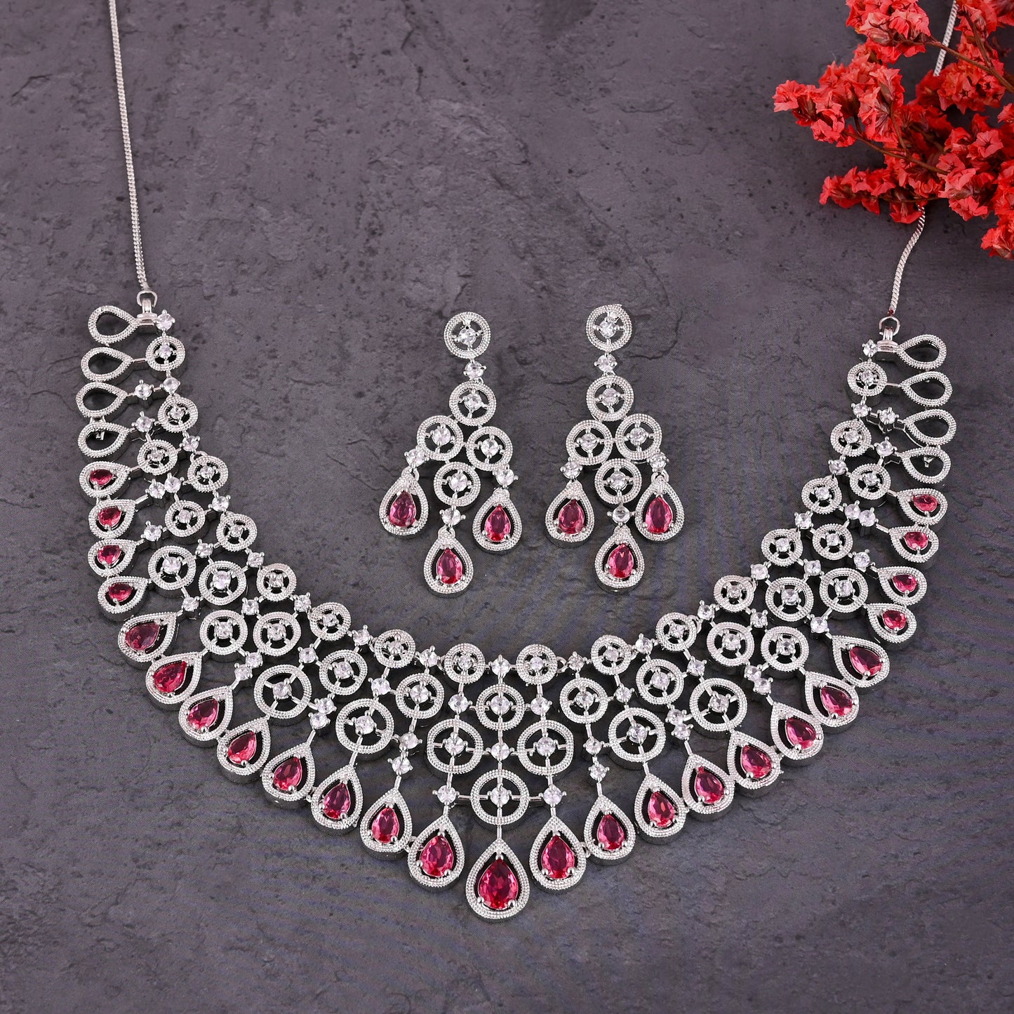 CKLAKART's NOOR American Diamond Choker Necklace – Silver-Toned Heavy Design with Ruby Color Stones