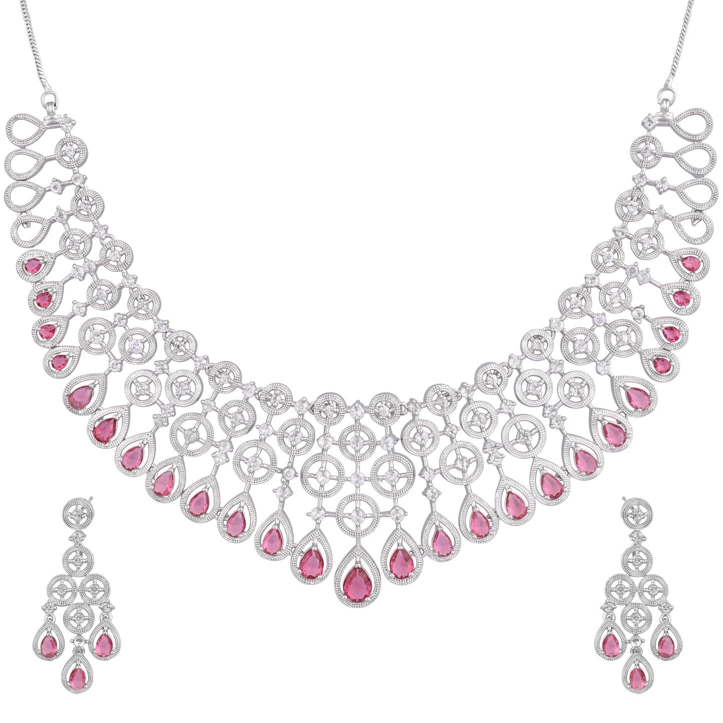 CKLAKART's NOOR American Diamond Choker Necklace – Silver-Toned Heavy Design with Ruby Color Stones