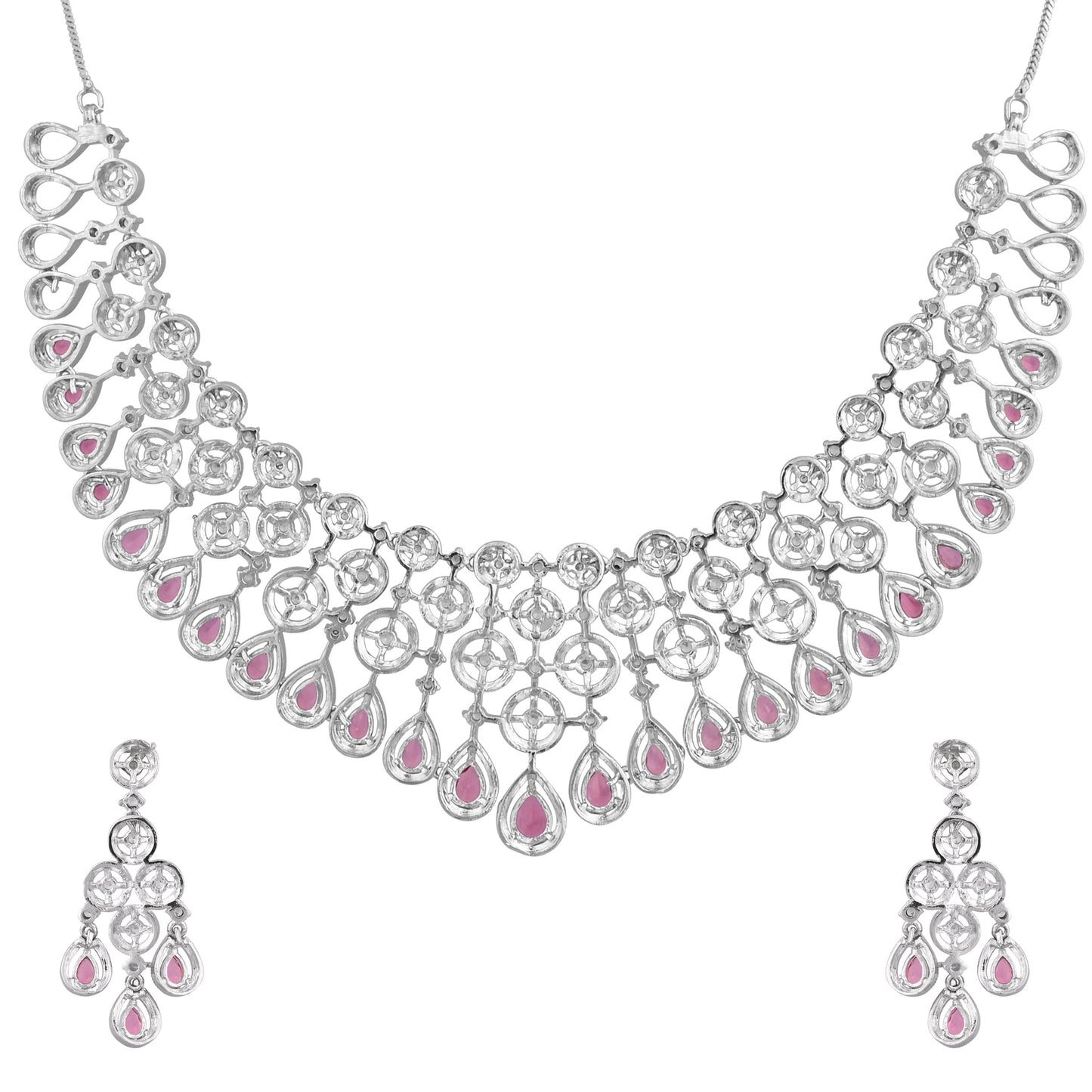 CKLAKART's NOOR American Diamond Choker Necklace – Silver-Toned Heavy Design with Ruby Color Stones