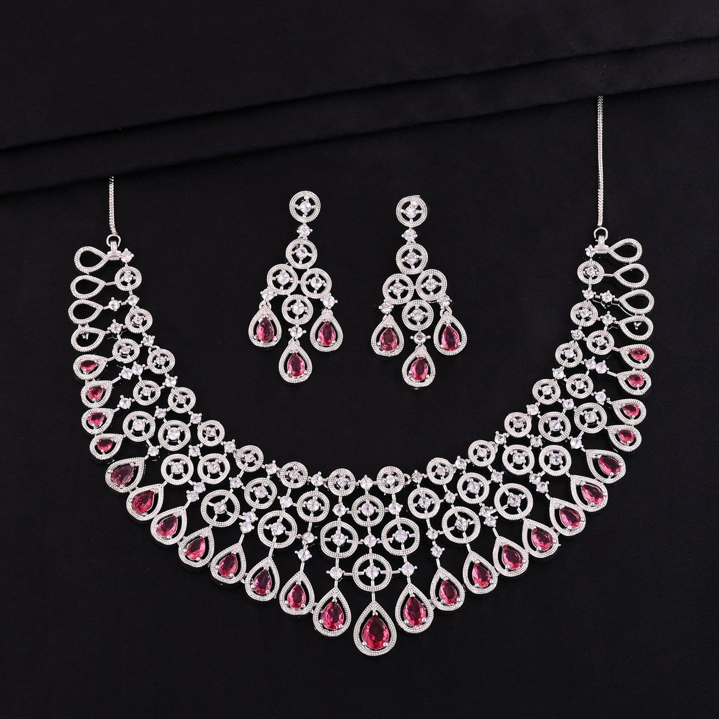 CKLAKART's NOOR American Diamond Choker Necklace – Silver-Toned Heavy Design with Ruby Color Stones