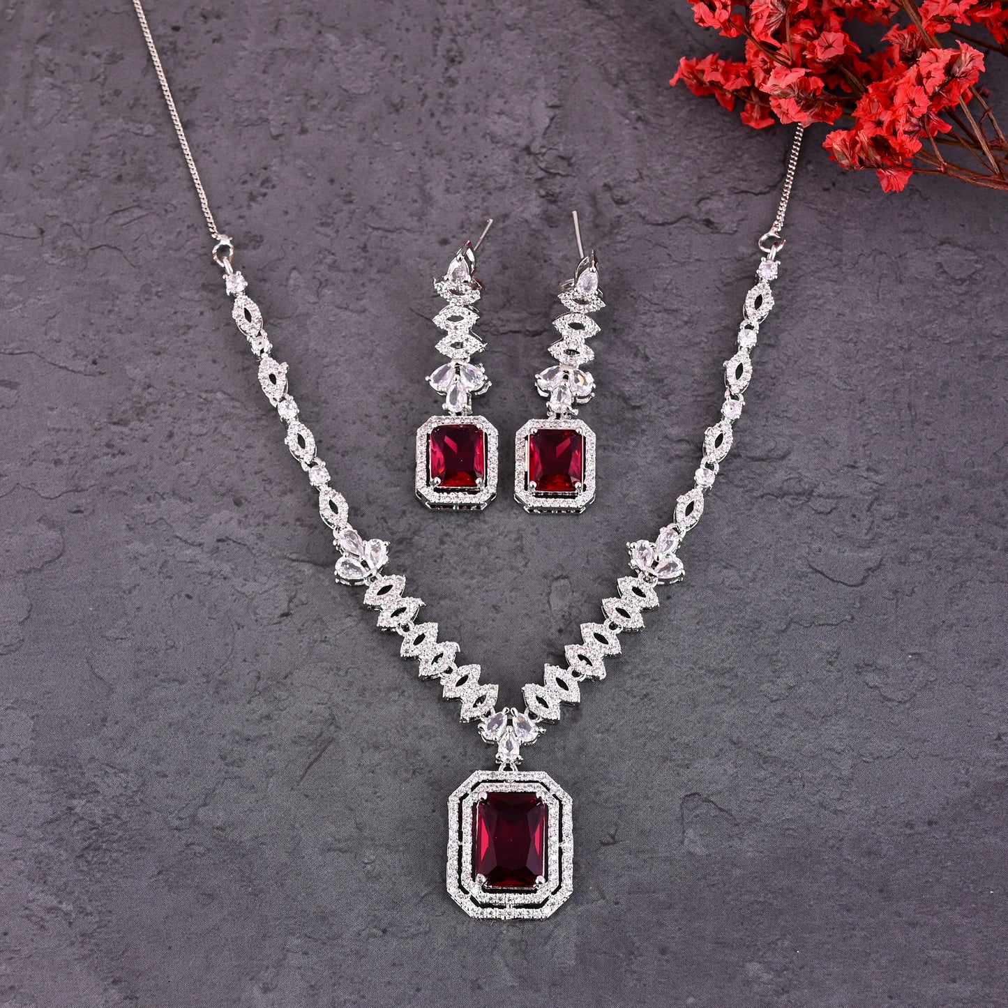 CKLAKART's NOOR Silver Necklace Set Featuring Ruby Color Pendant and American Diamonds