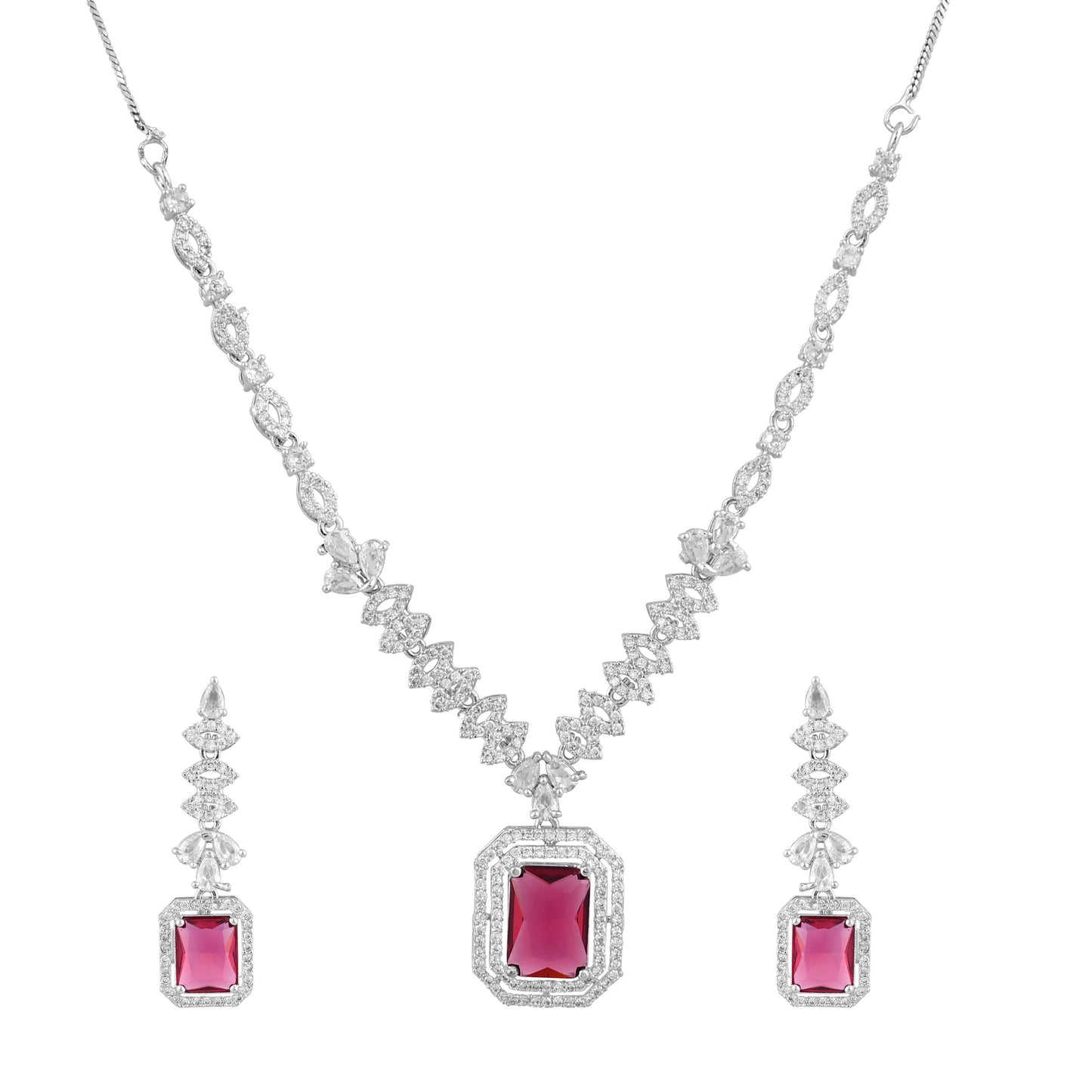 CKLAKART's NOOR Silver Necklace Set Featuring Ruby Color Pendant and American Diamonds