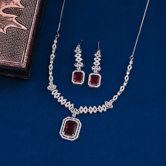 CKLAKART's NOOR Silver Necklace Set Featuring Ruby Color Pendant and American Diamonds