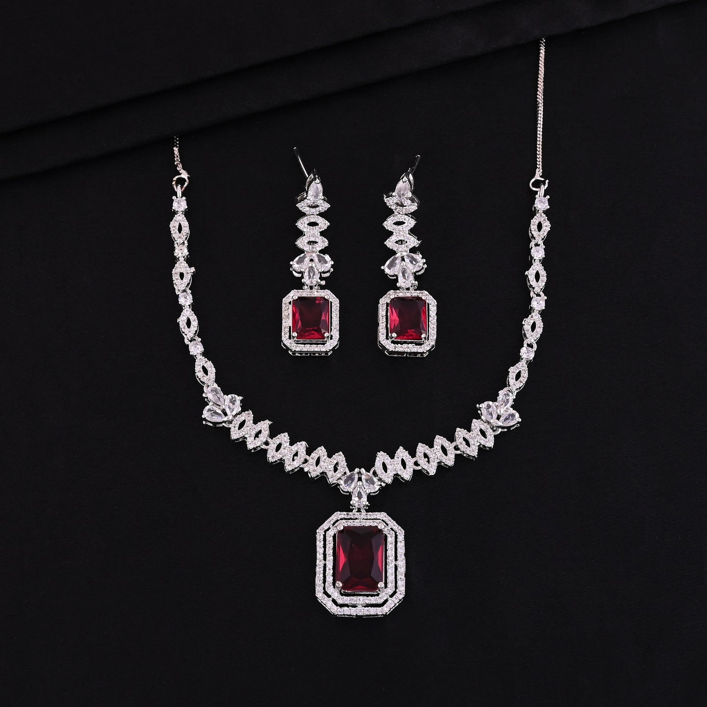 CKLAKART's NOOR Silver Necklace Set Featuring Ruby Color Pendant and American Diamonds